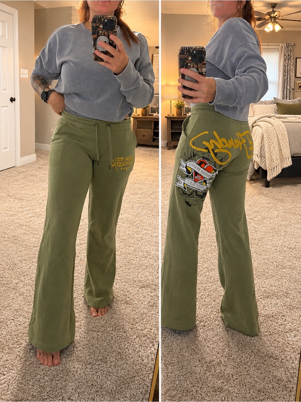 Ed Hardy Olive Green Wide Leg Pants with Yellow Graphic